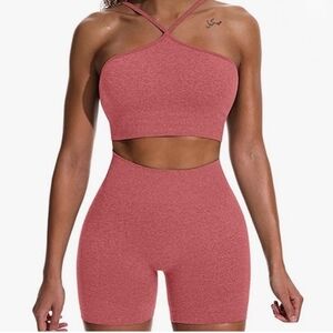 HYZ Women's Red Seamless 2 Pc Yoga Shorts & Sports Bra Removable Pads Small